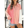 Pink Ribbed Colorblock Drop Shoulder Shirt with Pocket