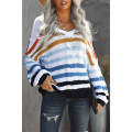 Multicolor Stripe Bubblegum V-Neck Braided Knit Sweater