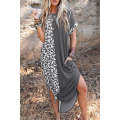 Gray Contrast Solid Leopard Short Sleeve T-shirt Dress with Slits