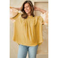 Beige Floral Colorblock Balloon Sleeve Exposed Seam Blouse