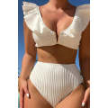 White Textured Ruffled Notched V Neck High Waist Bikini Set
