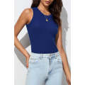 Blue Solid Round Neck Ribbed Tank Top