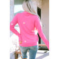 Pink Flower Embroidered Thumbhole Sleeve Cowl Neck Sweatshirt