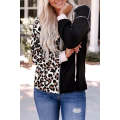 Black Leopard Patchwork Buttoned Hooded Sweatshirt