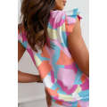 Multicolor Pastel Geometric Print V-Neck Pleated Cap Sleeve Top