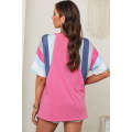 Pink White Stripe Patchwork V Neck T Shirt