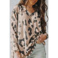 Khaki Leopard V Neck Drop Shoulder Long Sleeve Top
