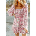 Mineral Red Boho Floral Smocked Puff Sleeve Mini Dress