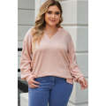 Pink Raw Cut Notched Neck Plus Size French Terry Hoodie