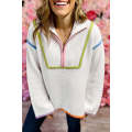 White Colorful Edge Quarter Zip Drop Shoulder Sweater