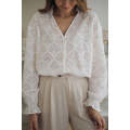 White Fanshaped Lace Hollow out Split Neck Puff Sleeve Blouse