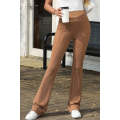 Brown Ribbed Knit High Rise Flare Leggings