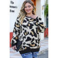 Leopard Ribbed Trim Pocketed Plus Size Sweater