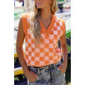 Russet Orange Checkered V Neck Knitted Sweater Vest