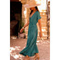 Blackish Green Solid Color V Neck Wrap Pleated Short Sleeve Maxi Dress