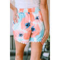 Pink Abstract Water Marbling Print Lace Trim Shorts