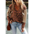 Brown Textured Knit Patchwork Leopard Hoodie