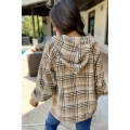 Khaki Printed Zipped Front Pullover Plaid Hoodie