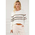 White Striped Ribbed Scalloped Detail Knit Sweater