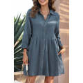 Sail Blue 3/4 Ruffled Sleeve Buttoned Crinkled Shirt Dress