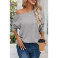 Gray V Cut Drawstring Back Waffle Knit Long Sleeve Top