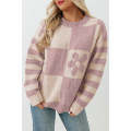 Orchid Petal Checkered Floral Print Striped Sleeve Sweater