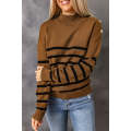 Khaki Striped Turtleneck Long Sleeve Sweater with Buttons