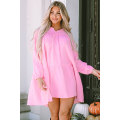 Pink Turn-down Neck Textured Bubble Sleeve Dress