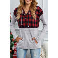 Red Plaid Splicing Pocketed Gray Hoodie