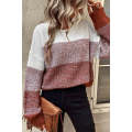 Brown Color Block Drop Shoulder Ribbed Trim Sweater