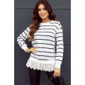 White Striped Button Dropped Shoulder Lace Splicing Top
