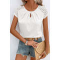 White Contrast Lace Sleeve Keyhole Decor Top