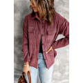 Purple Red Pocketed Button Ribbed Textured Shacket