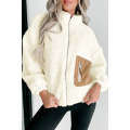 Bright White Contrast Patched Pocket Zipped Sherpa Jacket