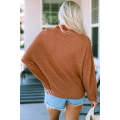 Brown Waffle Knit Button Contrast Trim Long Sleeve Top