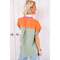 Rose Crinkled Colorblock Raw Hemline Short Sleeves Shirt