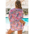 Multicolor Floral Print Shirred 3/4 Sleeve Tunic Blouse
