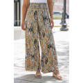 Multicolor Floral Print Shirred High Waist Wide Leg Casual Pants