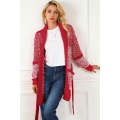 Red Contrast Trim Belted Chunky Cardigan