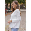 White Hollowed Detail Knitted Loose V Neck Sweater