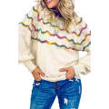 White Wavy Striped Pointelle Bishop Sleeve Sweater