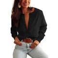 Black Lace Trim Ribbed Round Neck Button Up Cardigan