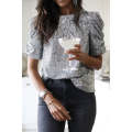 Silvery Short Ruched Puff Sleeve Sequin Top