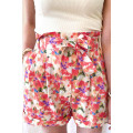 Fiery Red Abstract Floral Print Lace up High Waist Shorts