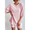Pink Plain Ribbed Loose Fit Two Piece Lounge Set