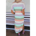 Striped Side Split Pockets V Neck T Shirt Midi Dress