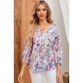 Blue Floral Print Puffy Sleeve Loose Blouse