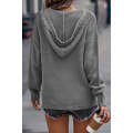 Gray V Neck Ribbed Drop Shoulder Hooded Sweater