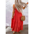 Red O-ring Smocked Back Spaghetti Straps Tiered Maxi Dress