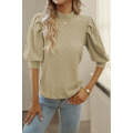 Apricot Vintage Textured Puff Sleeve Mock Neck Top